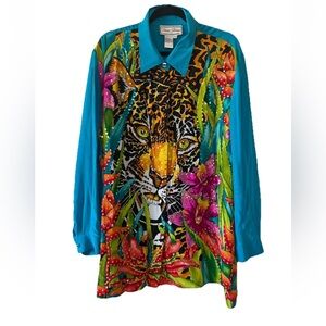 Diane Gilman Women's VTG silk Blue tiger Blouse Size 3X